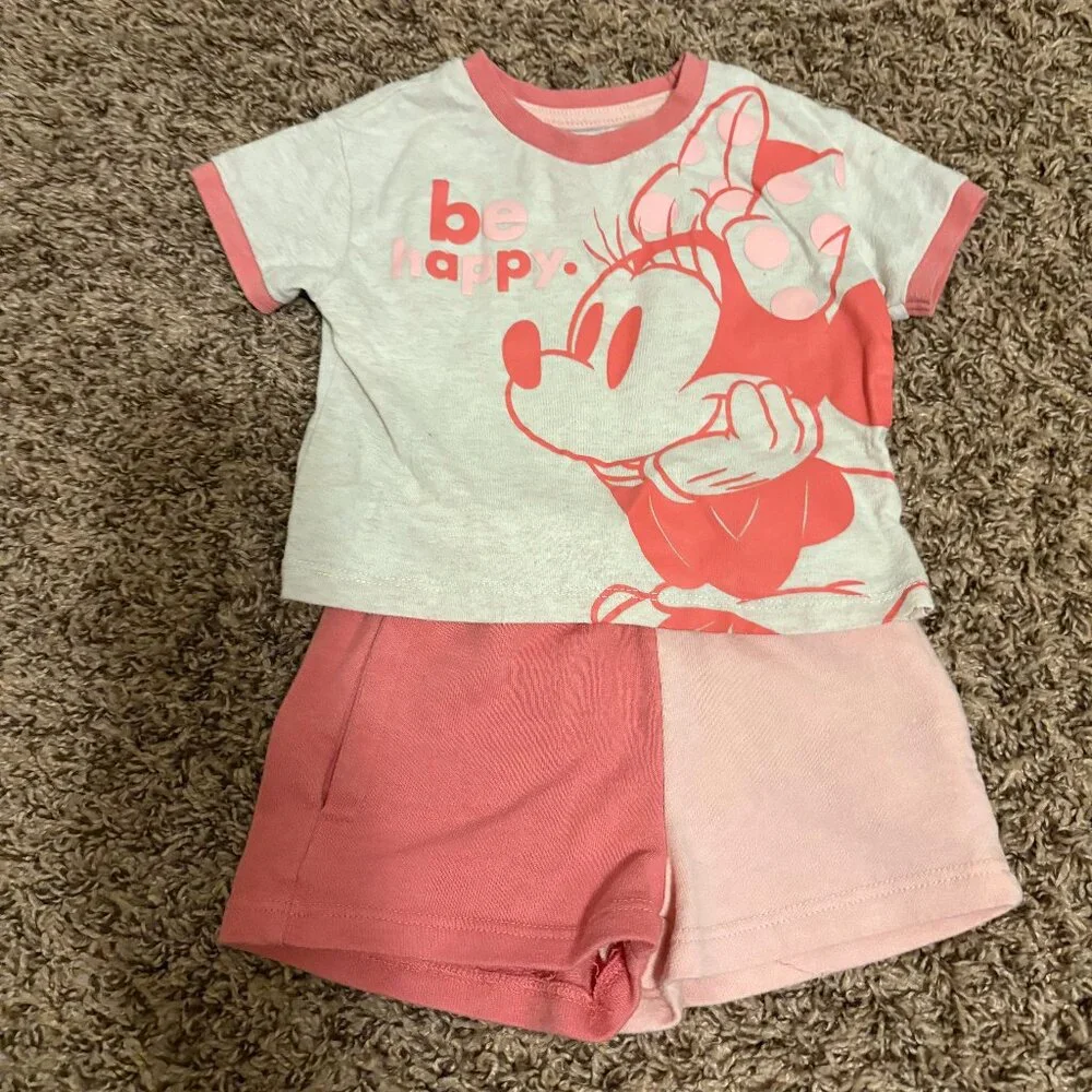 Disney Baby Classic Minnie Mouse Outfit 12 Months Pink and White Shorts Be Happy